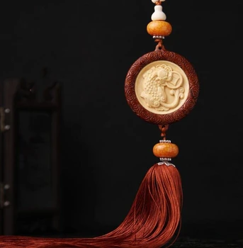 

Chinese Boxwood Wood Carved Animal Pixiu Brave Troops Bitting Coin Exquisite Car Pendant