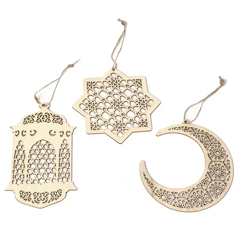 

Islam Eid Ramadan Mubarak Hollow Decorations Wooden Golden Hanging Lantern Baubles