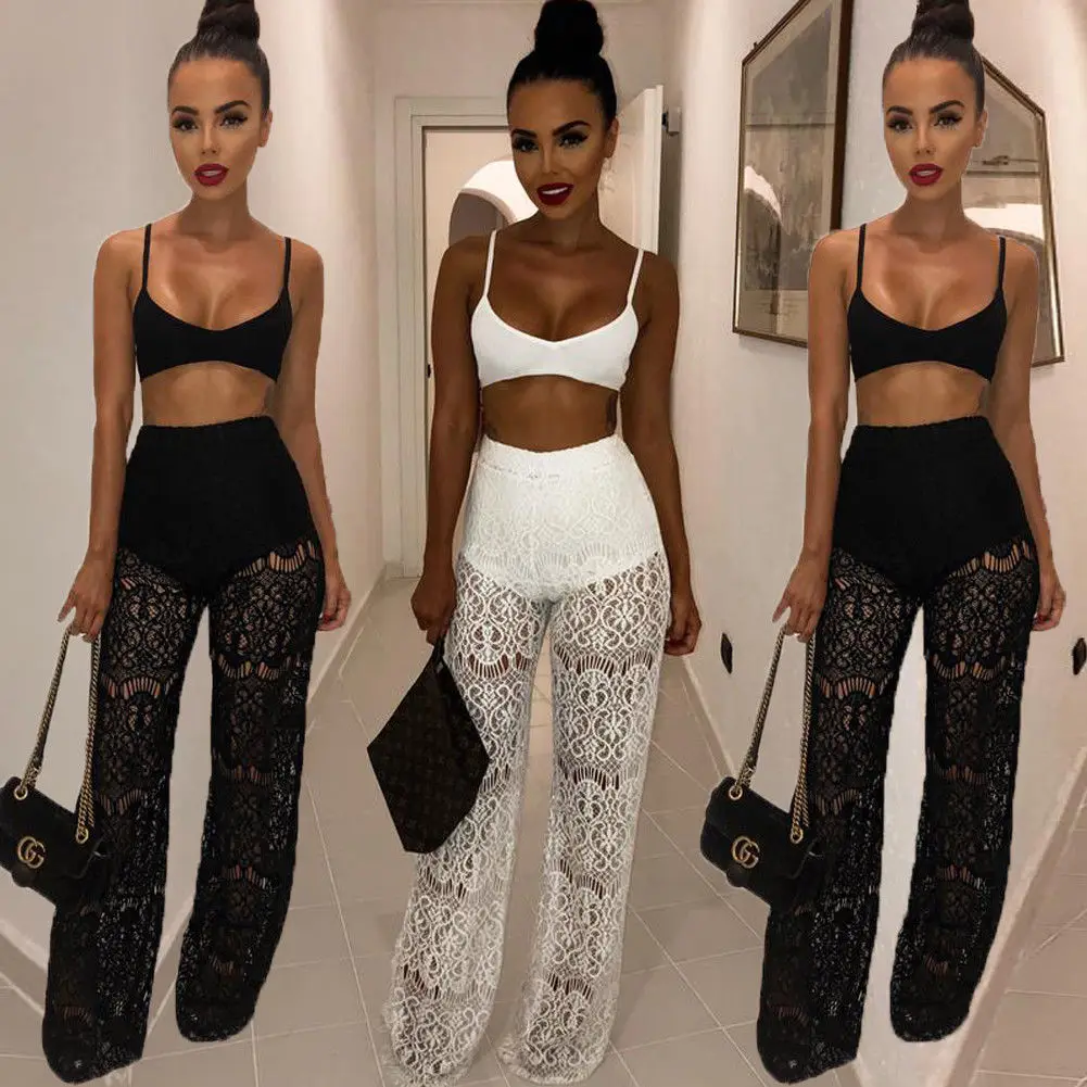 

Women Two Pieces Set Tank Top Crop Top Blouse + LACE Hollow Out Pants Two-piece Playsuit Bodysuit Jumpsuit Romper Set