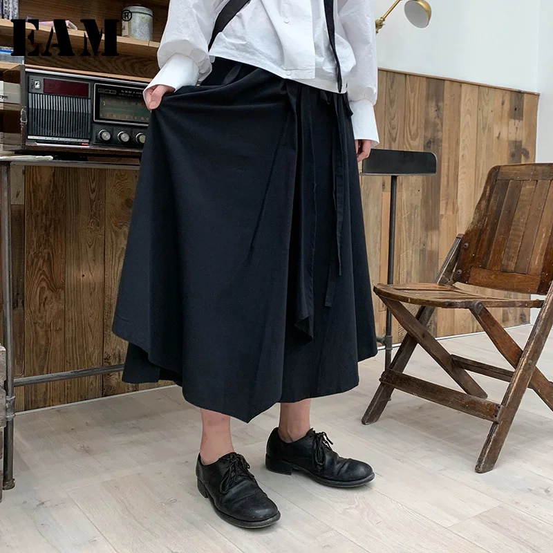 

[EAM] 2019 New Spring Summer High Elastic Waist Black Personality Split Joint Bandage Half-body Skirt Women Fashion Tide JS778