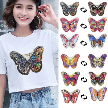 

1PC DIY Blue Butterfly Reversible Sequins Sew On Patch for Clothes Crafts Coat Sweater Embroidered Paillette Patch Applique