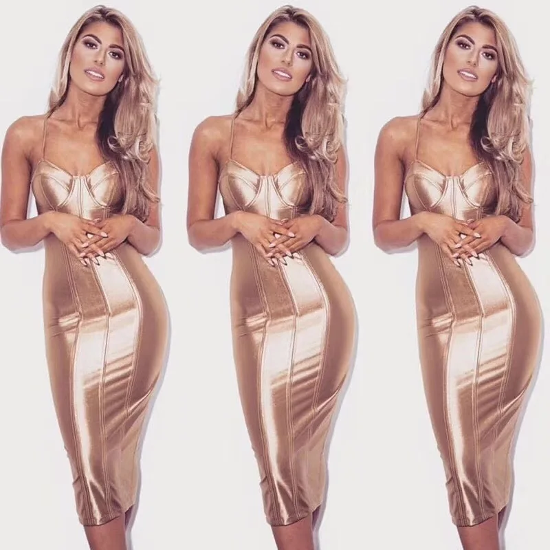 Lady Bodycon Spaghetti Strap Dress Gold Slip Knee Length Fashion High Quality Sexy Party | Женская одежда