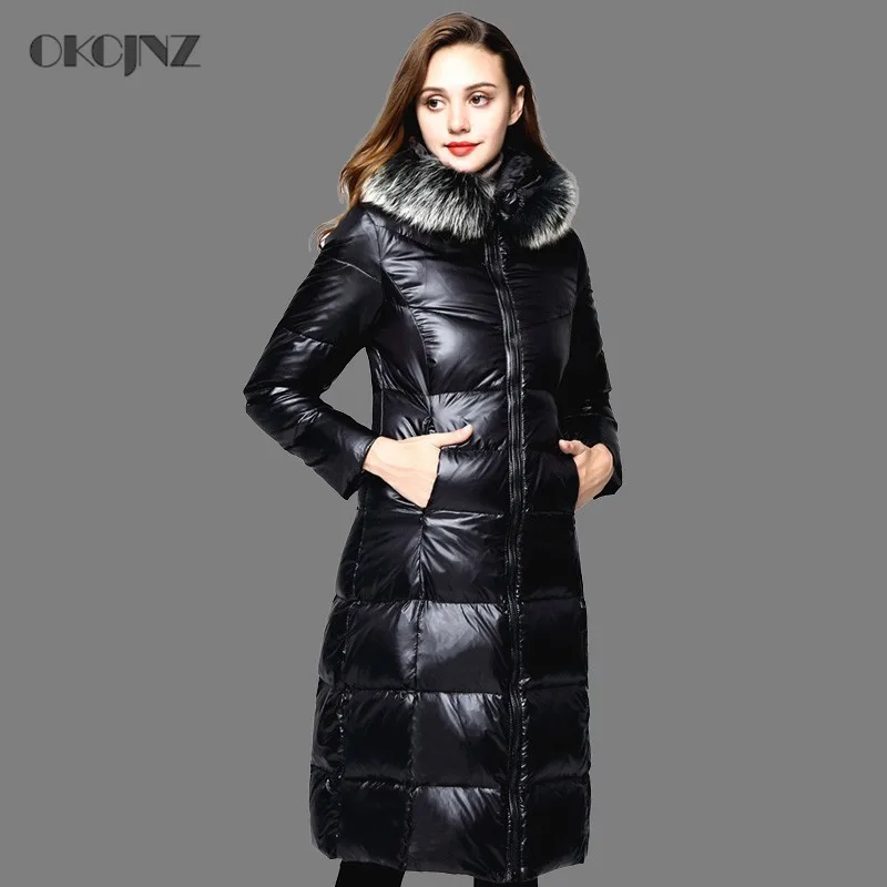

2019 Fox Fur Collar White Duck Down Jacket Women Winter Goose Feather Coat Black Slim Overcoat Parka Female Long Outwear Okq104