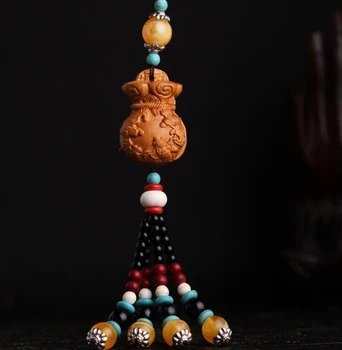 

Chinese Peach Wood Carving Animal Bat Five Blessing Money Bag Safe And Good Luck Exquisite Car Key Pendant Bag Pendant