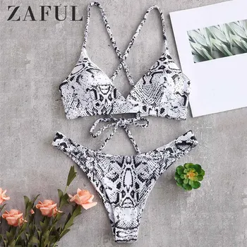 

ZAFUL Snake Print Cross Lace-up Bikini Set Sexy Spaghetti Straps Swim Suit Elastic Low Waisted 2019 Padded Swimwear Bathing Suit