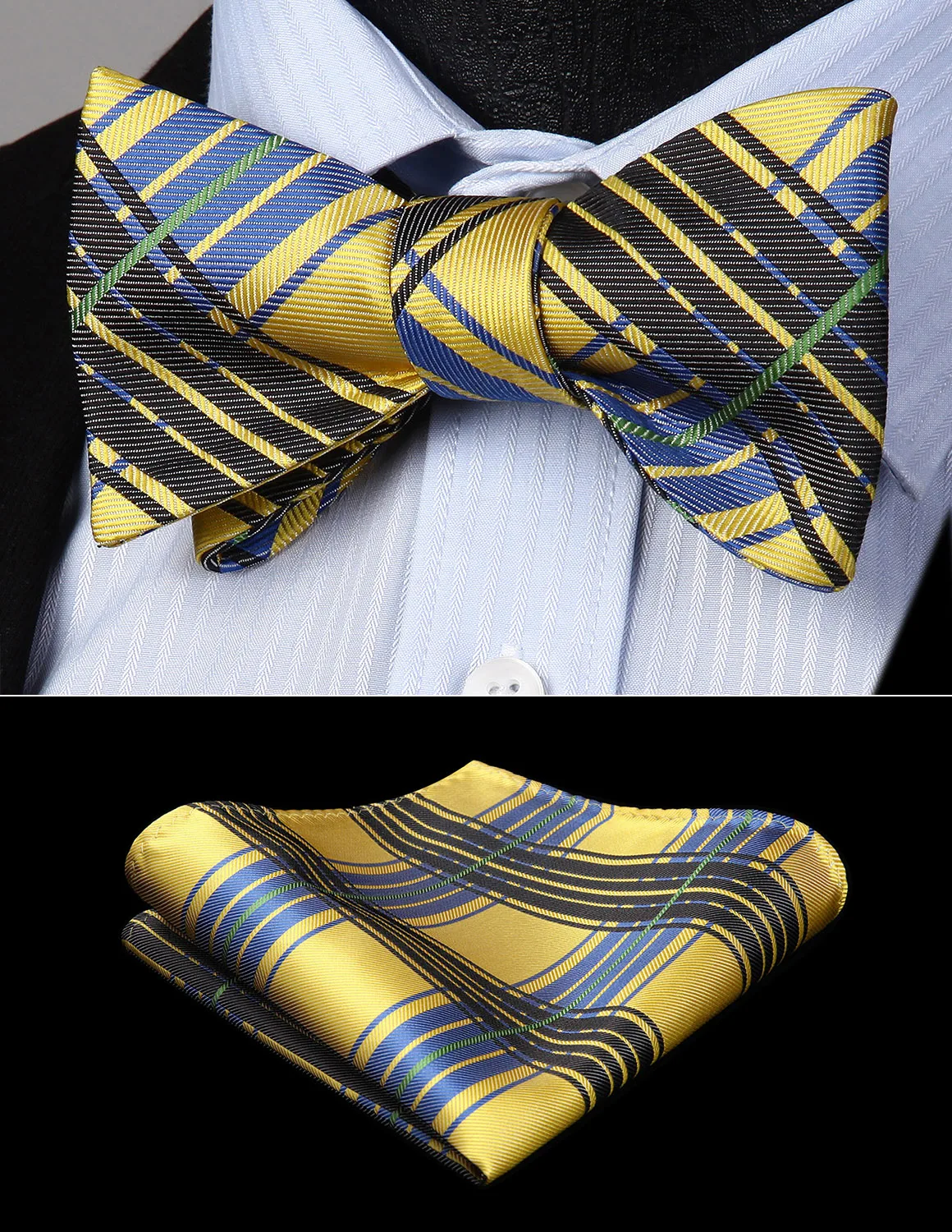 Bow Tie Handkerchief Set Wedding Classic Men Gift Woven Yellow Black