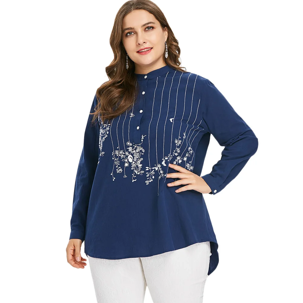 Sovalro Plus Size Embroidered High Low Blouse Women Long Sleeve Autumn ...