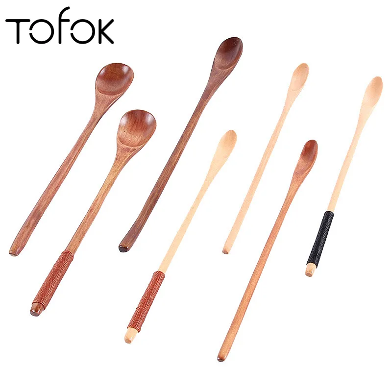 

Tofok Natural Wood Spoon Tableware Dining Soup Tea Honey Coffee Stir Scoop Catering Long Handle Wiring Mixing Ladle Kitchen Bar