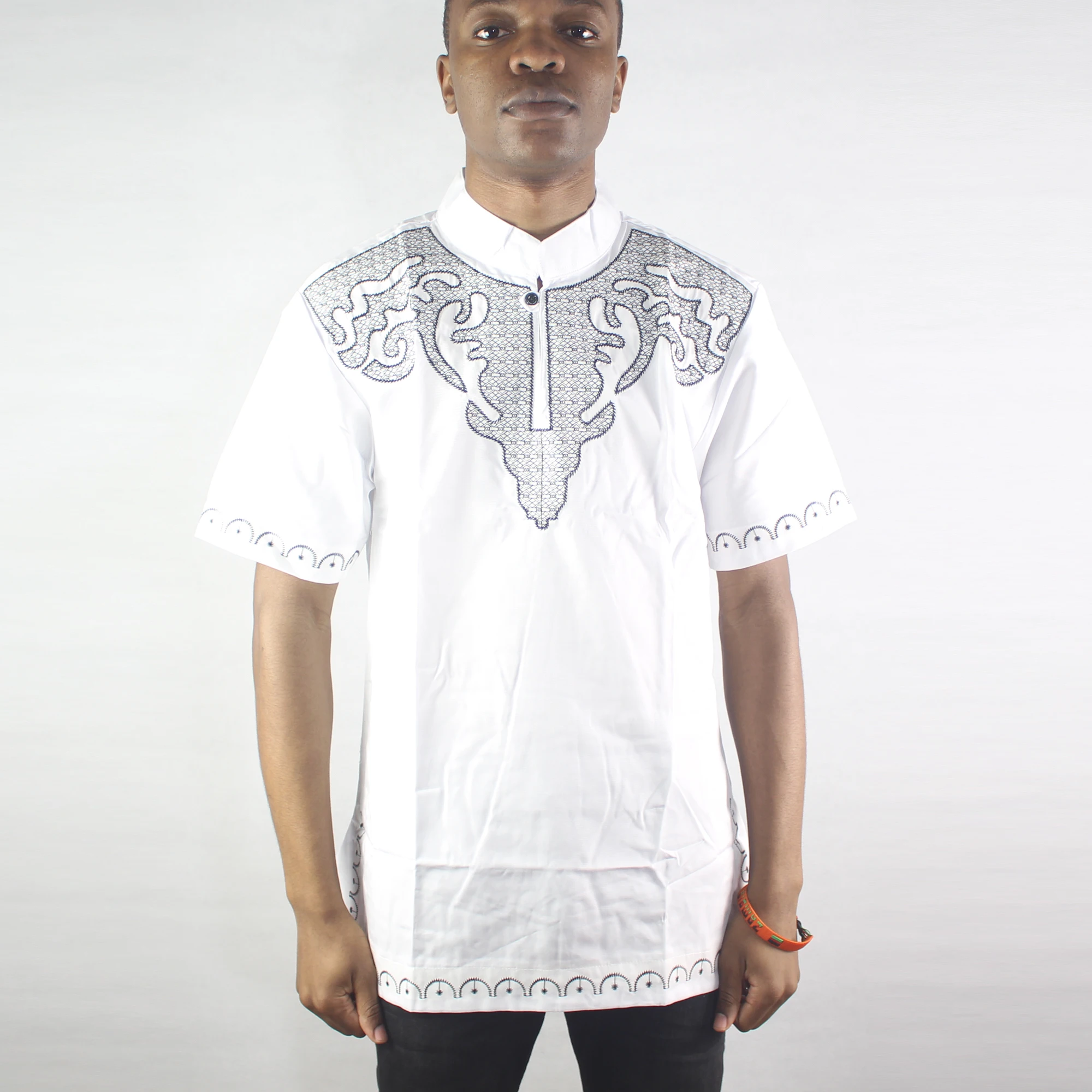 

White Bat Embroidered Men`s African Ethnic Tops Short Sleeved and Mandarin Collar Tunic Shirts For Male