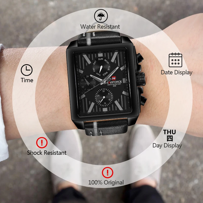 

NAVIFORCE Men Square Watch Date Sport Mens Watch Top Brand Luxury Business Genuine Leather Quartz Wrist Watch Male 24 Hour Clock
