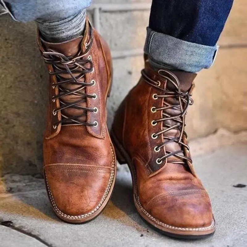 

NIS Big Size 39-47 Vintage Motorcycle Boots Men PU Leather Ankle Boots Spring Summer Lace-up Tactical Military Style Shoes