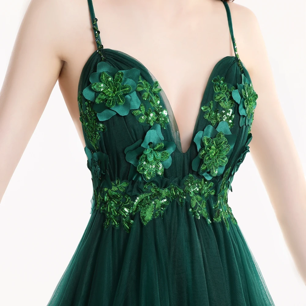 SSYFashion Новое сексуальное зеленое вечернее платье с v-образным вырезом без рукавов с открытой спиной с коротким Шлейфом Кружевное Вечернее платье для выпускного вечера Robe De Soiree