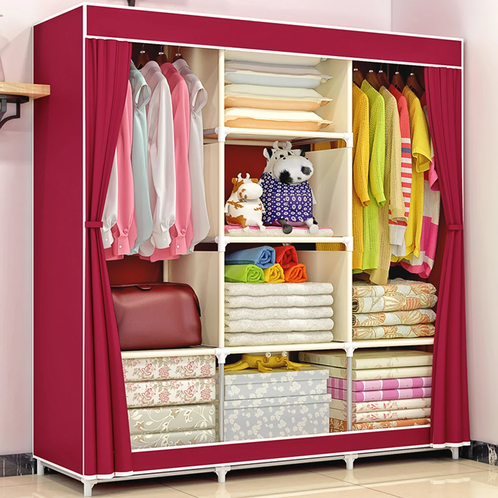 

Portable Fully-Closed Clothes Storage Closet Quilts Organizer Wardrobe with Metal Shelves & Dustproof Non-woven Fabric Cover