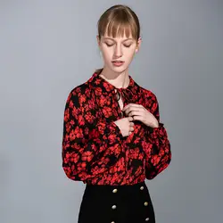 Черный, красный цветочный шелк шифон офис блузки женские топы и блузки для малышек 2019 Элегантный Винтаж пикантные богемный с длинными