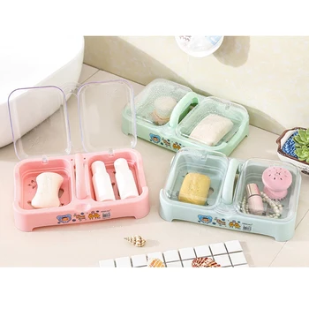 

Soap Box Double-grid Soap Dish with Lid Portable Soap Holder with Drain Soap Case Container for Bathroom Kitchen (Pink)