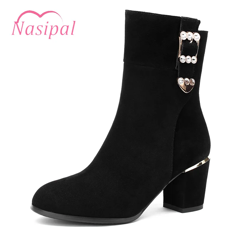 

Nasipal 2018 New Women Fashion Boots Rhinestone Buckle High Heel Boots Winter Shoes Motorcycle Mid Calf Boots Mujer Bootie V163