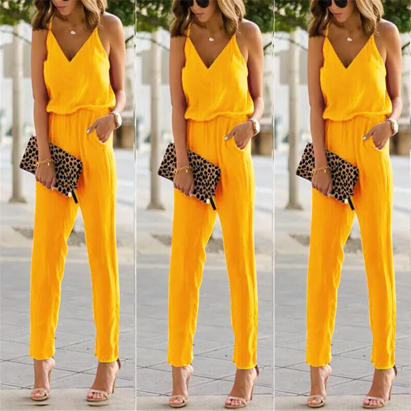 Fashion Women Summer Spaghetti Strap Sleeveless Jumpsuits Ladies V Neck Cotton Linen Club Bodycon Long Pants Romper Trouser New Fashion Women Summer Spaghetti Strap Sleeveless Jumpsuits Ladies V Neck Cotton Linen Club Bodycon Long Pants Romper Trouser New