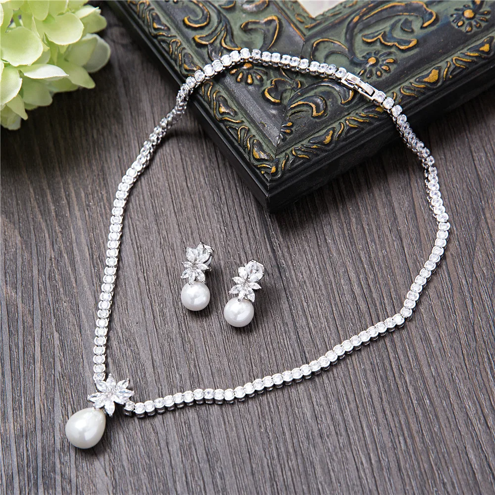

Charming Cubic Zirconia Jewelry Sets Wedding Bride Necklace Clear Zircon Stone Pendant Simulated Pearl Women Dangle Earrings New