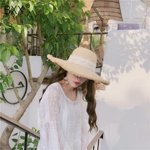 [BXX] весенние женские новые темперамент сплошной цвет сращены кружево бантом соломы ткачество рабака Солнца шляпа универсальные Hat LM092