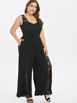 

Wipalo Women Plus Size 5XL Casual Solid Plunging Neck Sleeveless Floor Length Jumpsuit Lace Panel Wide Leg Jumpsuit Big Size Set