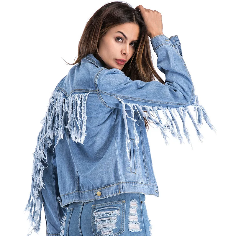 2019 Women Back Tassel Denim Coats and Jackets Long Sleeve Single Breasted Casual Jeans Jacket Causal Streetwear Plus Size 5XL