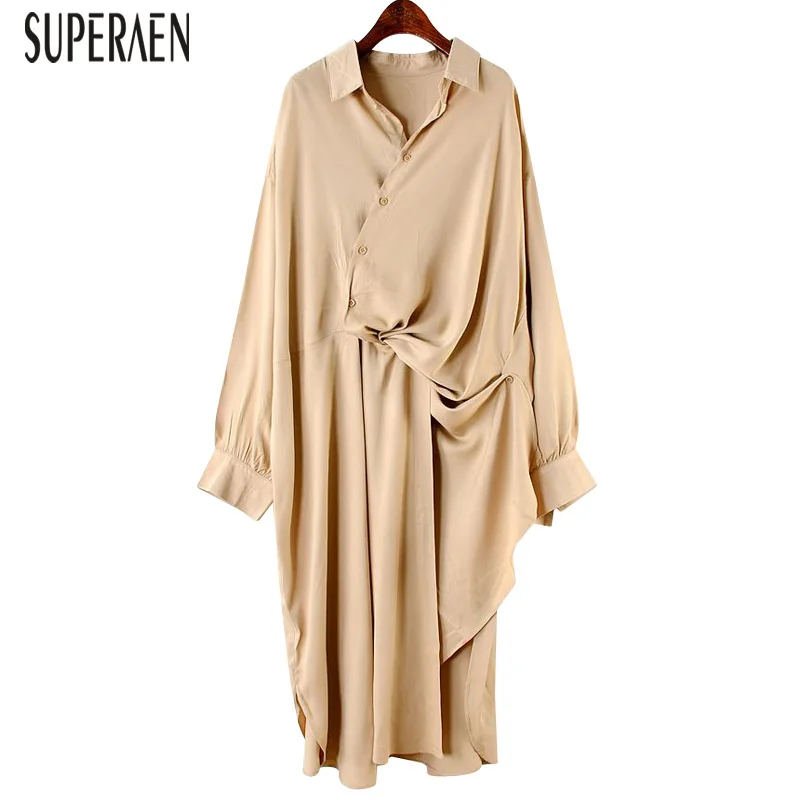 

SuperAen Shirt Dress Women 2019 New Spring Pluz Size Cotton Casual Fashion Dress Female Irregular Solid Color Women Clothing