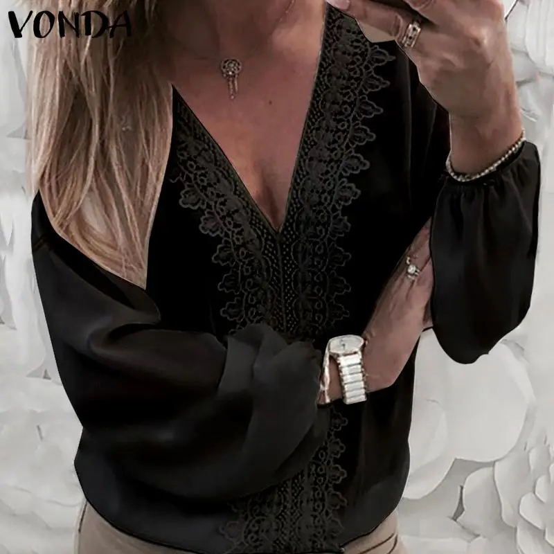 VONDA 2020 женские пикантные с длинным рукавом фонариком и V образным вырезом полые