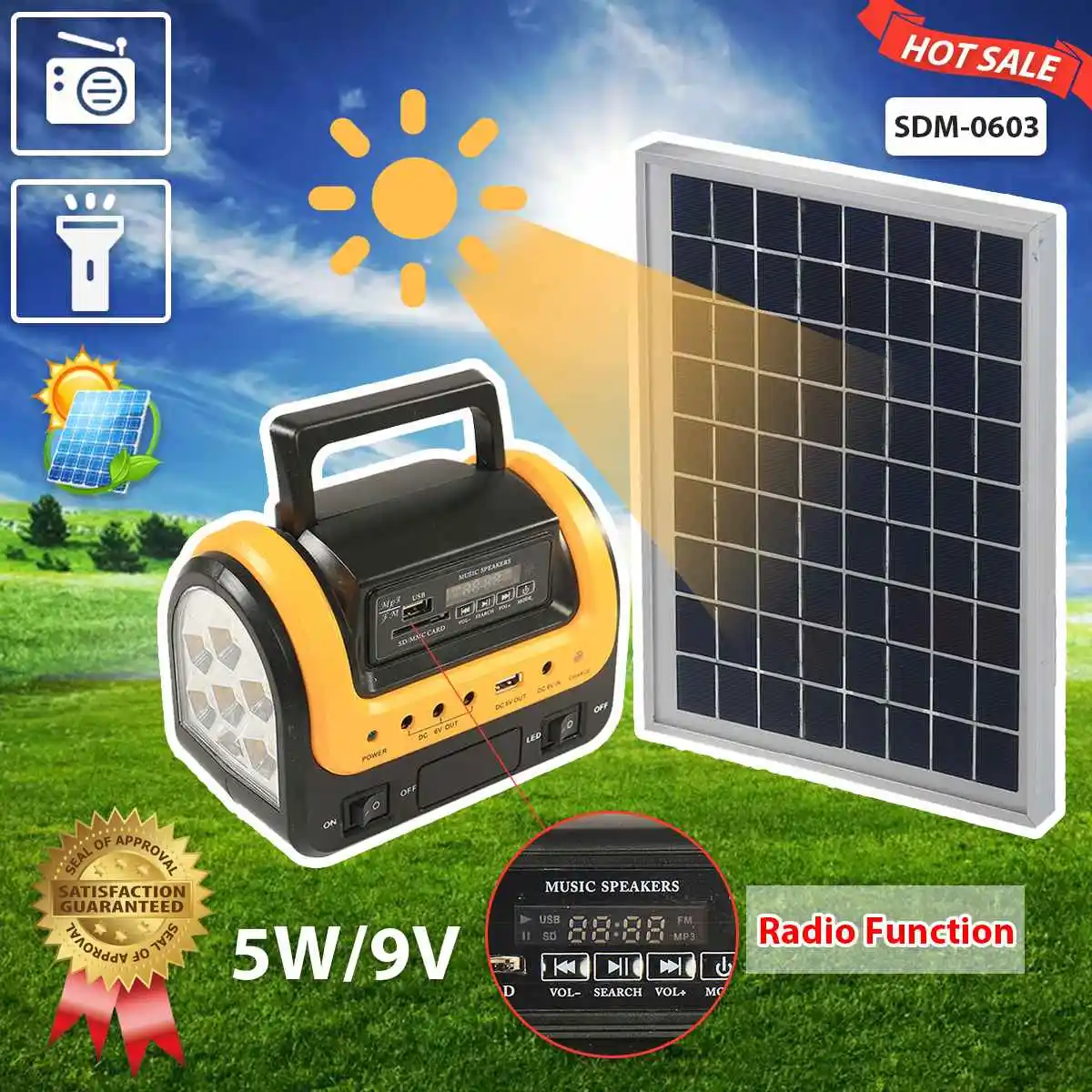

SDM-0603 Solar generator with radio and flashlight 5W9V European plug 48Lumens
