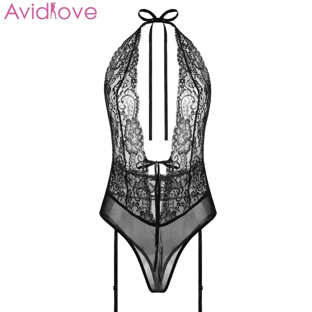 

Avidlove Sexy Lingerie Bodysuit Sleepwear Women Erotic Sexy Lingerie Lace Floral Sheer Halter Bodysuit Garter Set Nightwear