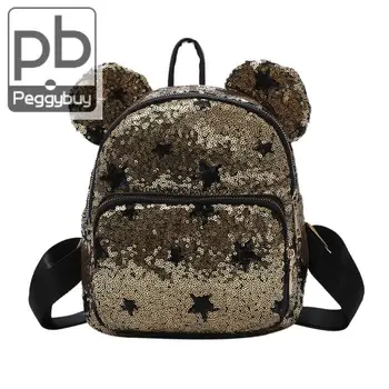 

Fashion Women Sequins Star Ear Leather Backpack Preppy Style Leather Shoulder Travel School Mini Backpack