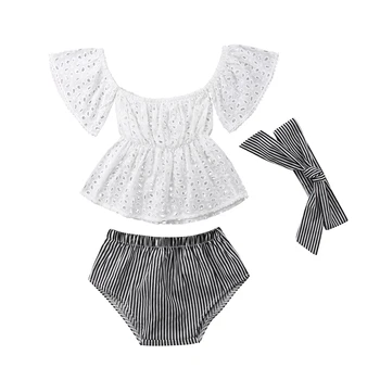 

Pudcoco 3pcs Toddler Baby Girl clothes set Lace hollow out short sleeve Top +Stripe Shorts +headband 3Pcs Outfits set clothes