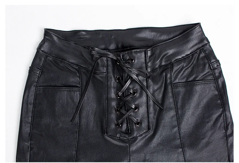 LOGAMI/женские брюки из искусственной кожи на шнуровке; женские брюки-карандаш; сезон осень-зима; женские брюки из искусственной кожи черного цвета