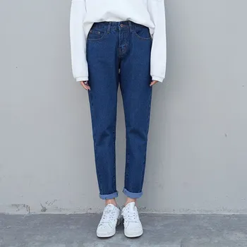 

2019 New High Waist Straight Jeans Women Vintage Plus Size Pockets Denim Pants Solid Casual Long Trousers