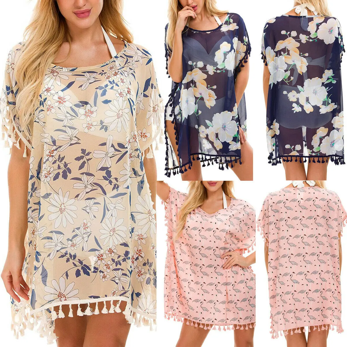 

Womens Flamingo Floral Tassels O Neck Blouse Top Beach Cover Up Floral Kimono Shirt