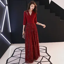 Китайский стиль, вечерние платья для женщин, винтажное, шикарное, с блестками, сексуальное, глубокий v-образный вырез, длинное платье, Красная Вышивка, Ретро стиль, год, Vestidos