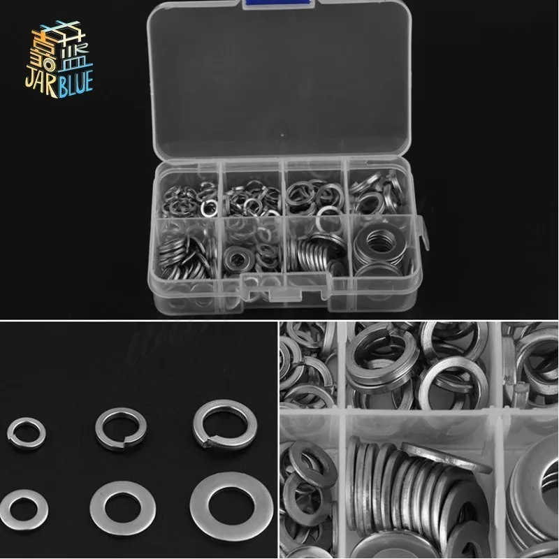 200 unids/set plana de acero inoxidable y la arandela de resorte surtido conjunto Kit de herramientas de bloqueo M5 M6 M8 M10 fijación Hardware con caja