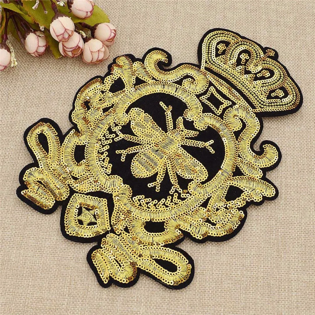 

1pc DIY New Gold Sequins Crown Bee Patches Embroidery Applique Sew on Clothes Craft