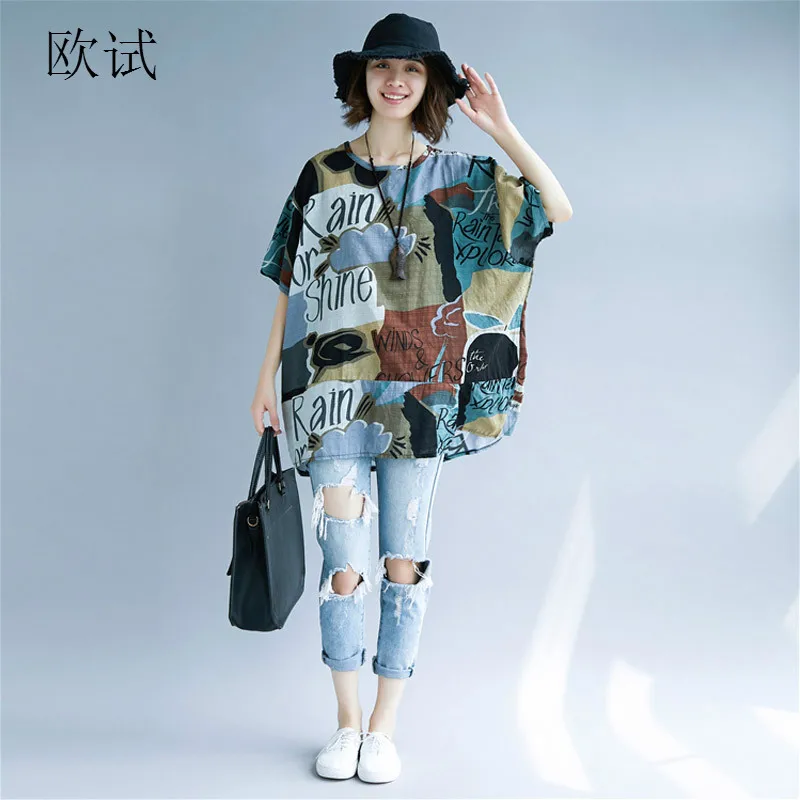 

Plus Size Cotton Linen T Shirt Women Vintage Abstract Art Printed T-Shirts Female Casual Loose Tee Shirt Top 2019 Summer Fashion