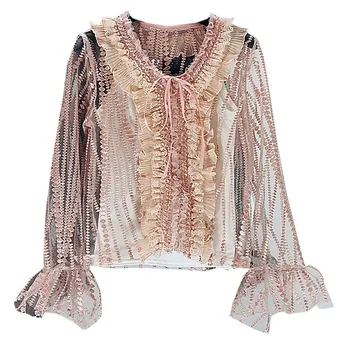 

4 Colors 2019 Japan Style Fashion Sexy Lace Blouse Women Flare Sleeve Shirt Floral Elegant Tops Mesh Blusas