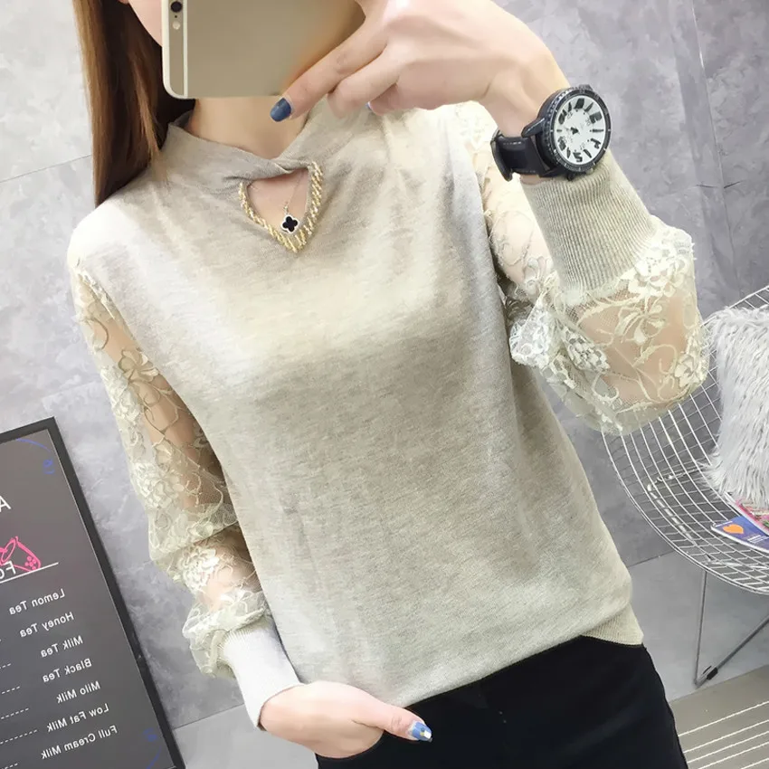 

Spring Autumn O-neck Lace Patchwork Knitted Women Sweaters And Pullovers Female Jumper Tricot Tops