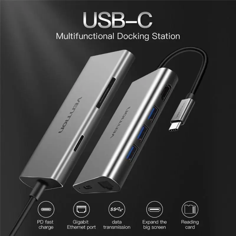 

USB HUB Type-C to USB3.0x2+RJ45+HDMI+PD Adapter Splitter Converter Cable for MacBook Samsung S9 S8