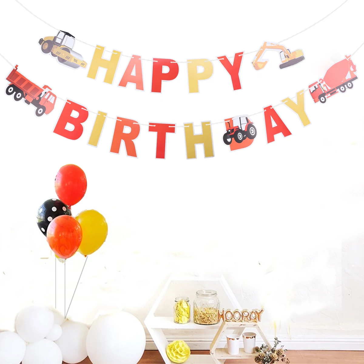 1 Pc Banner Construction Vehicle Theme Happy Birthday Flag