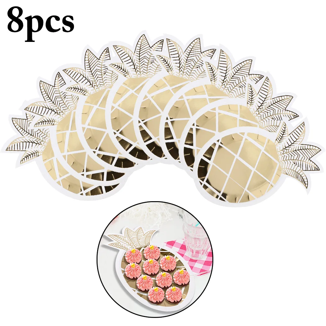 

8Pcs Environmental Protection Fashion Bronzing Fruit Pineapple Paper Plate Cutlery Disposable Plate Birthday Party Decoration