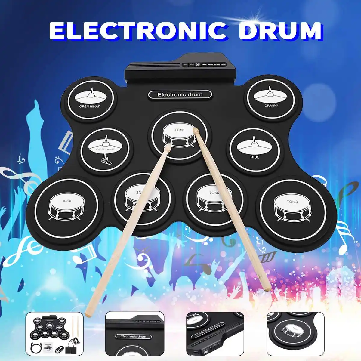 

Portable USB Roll Up Drum Kit Digital Electronic Drum Set 9 Silicon Drum Pads with Drumsticks Foot Pedals for Beginners Children