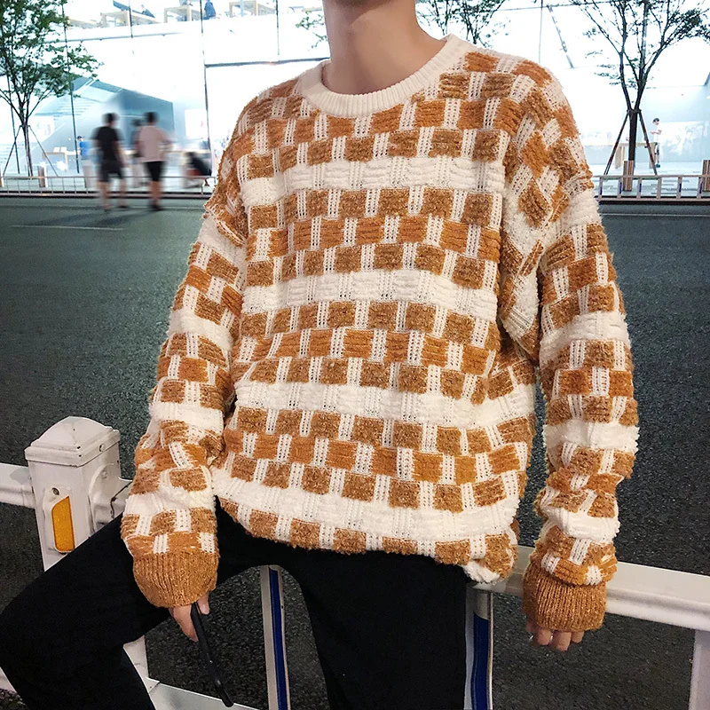 

Men's Winter New Fashion Casual Knit Sweater M-2XL Youth Long Sleeve Loose Personality Color Matching Lattice Round Neck Wild