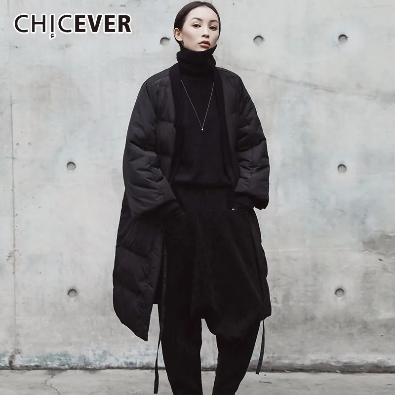 

CHICEVER Black Kimono Coat For Women Lace Up Cotton V Neck Three Quarter Sleeve Midi Coats Female Winter Thick Fashion Clothing