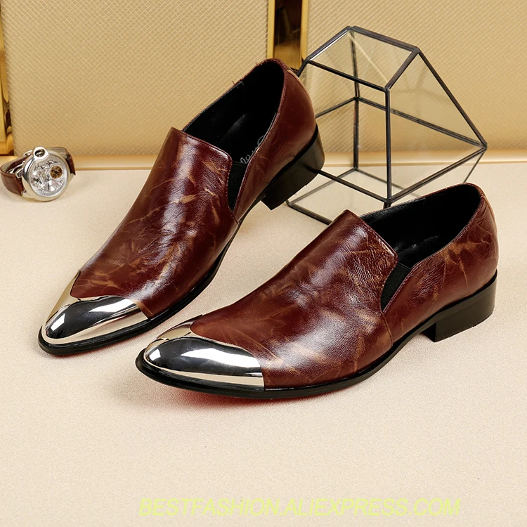 

Newest pointed toe slip on men genuine leather shoes top quality brown color formal dress shoes groom wedding oxfords