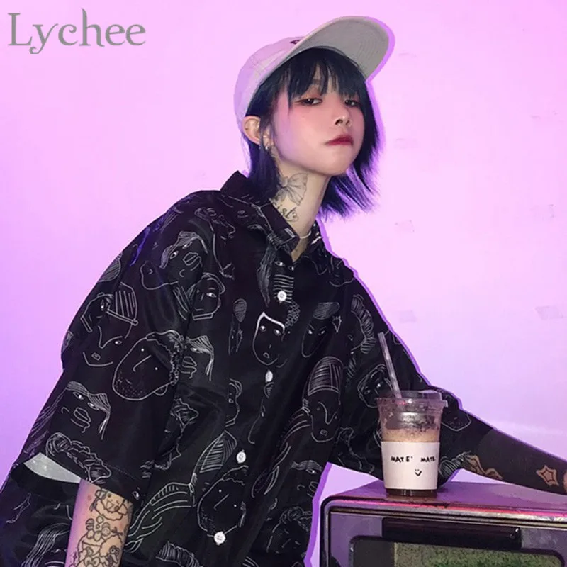Lychee уличная свободная летняя Весенняя женская рубашка с принтом лица блузка