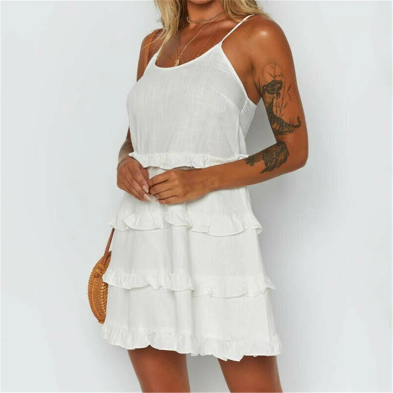 

2019 Women's White Elegant Multilevel Ruffle Dresses Boho Sleeveless Sling Casual Loose Dress Summer Beach Party Vestidos