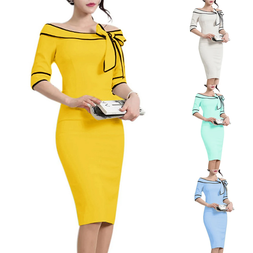 

Kenancy Elegant Style Bowknots Off Shoulder Half Sleeves Women Dress 4 Solid Colors Office Pencil Dress Zip Back Split Vestidos
